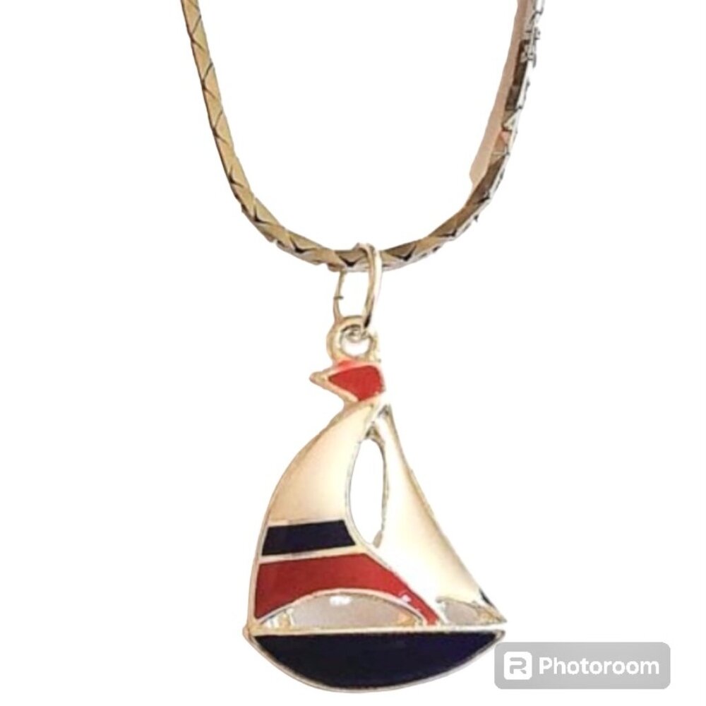 Silver Sailboat Necklace Nautical Island Boat Sailing Red White Blue Plated 18"